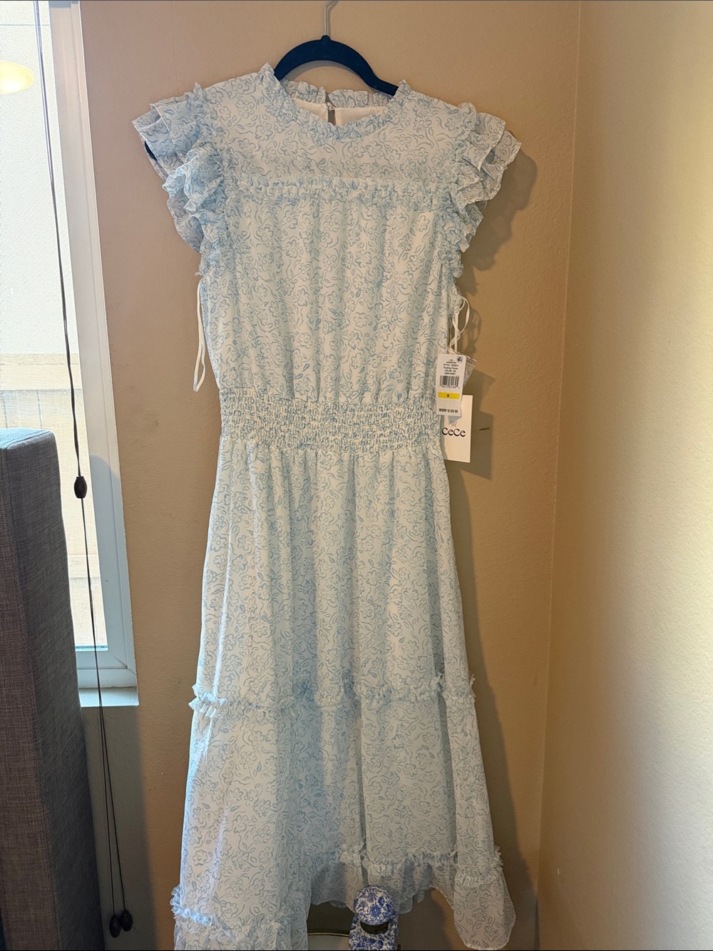 E3 CeCe Light Blue Floral Ruffle-Trim Midi Dress